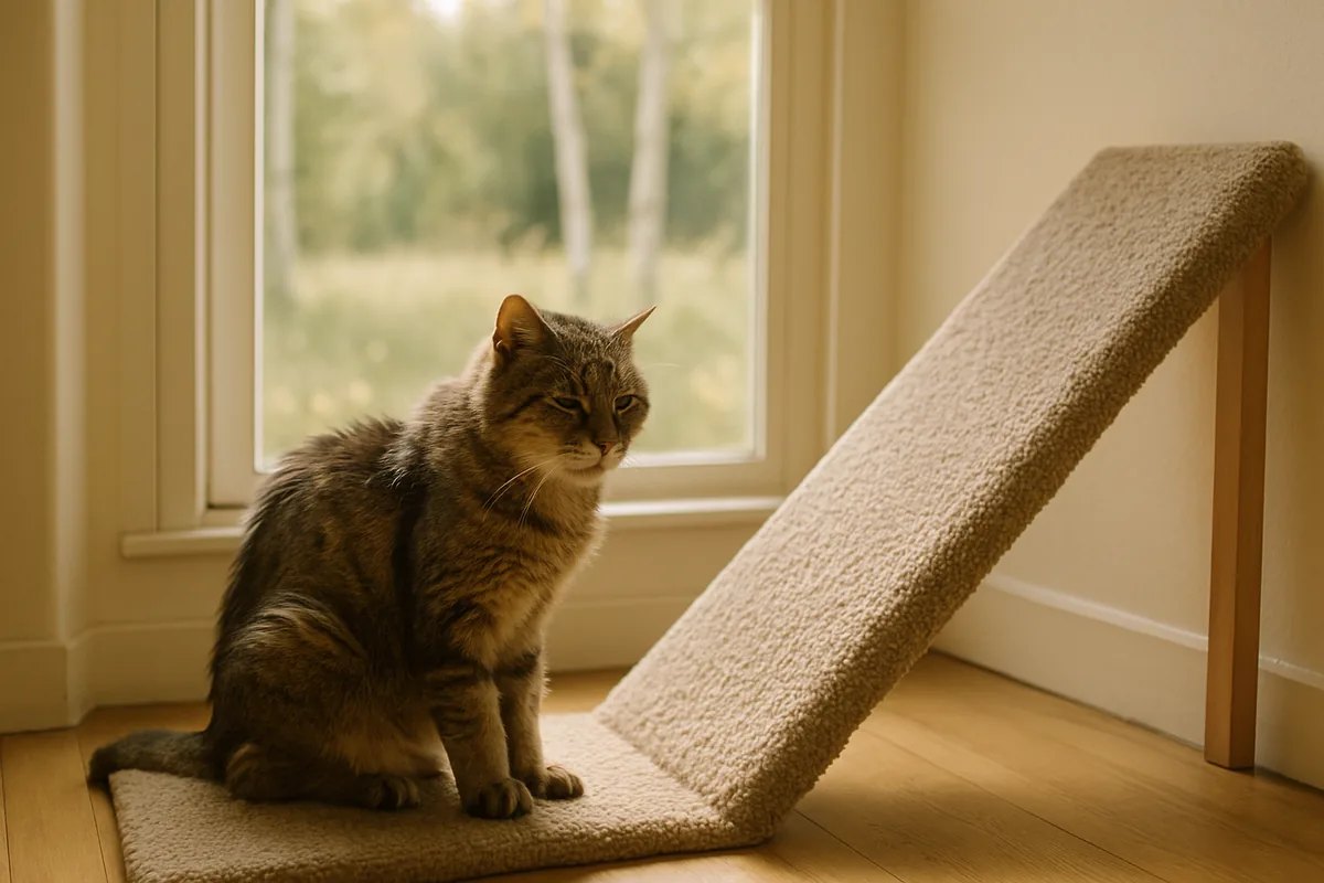 An older tabby cat at the foot of a low ramp by a sunny window.