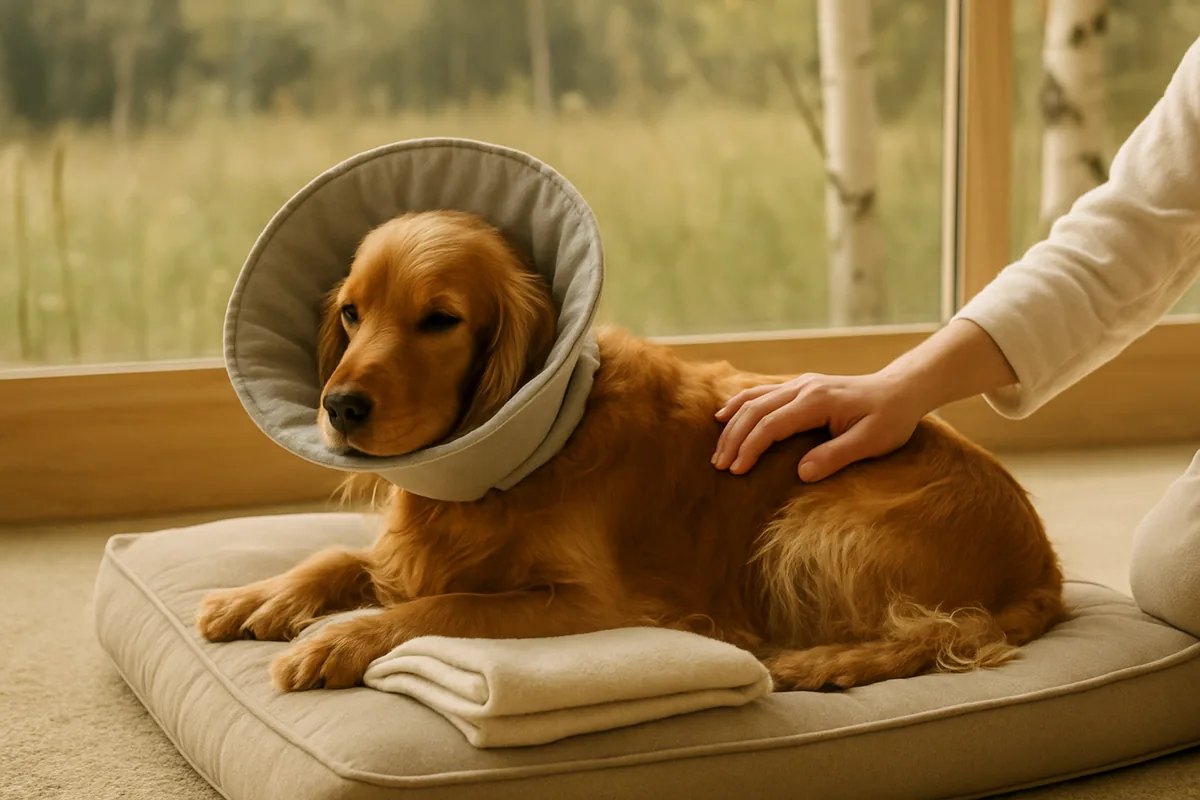 A spaniel rests after surgery with its owner's hand on its back.