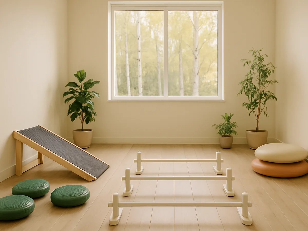 A bright pet rehabilitation room with ramp, poles and balance discs.