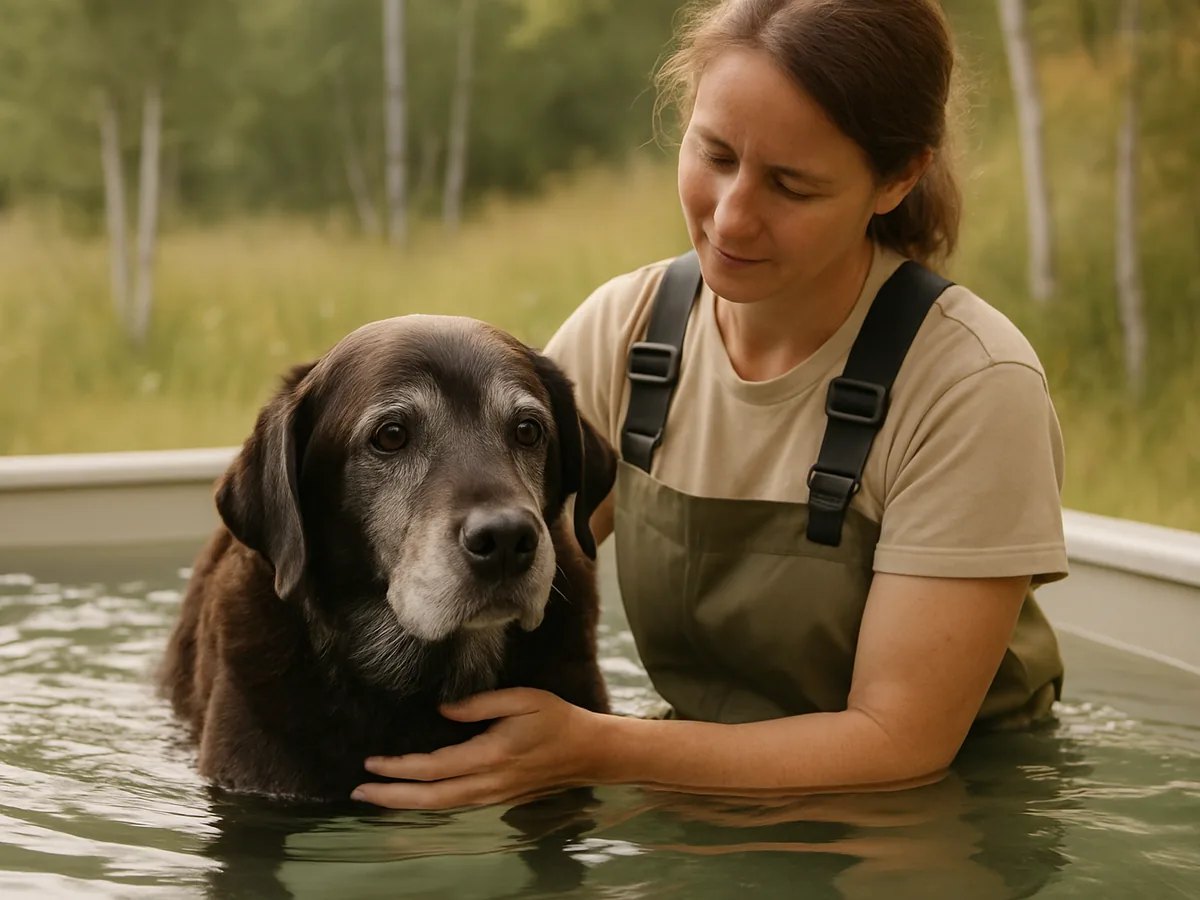 A senior labrador gets support from a therapist in a hydrotherapy pool.